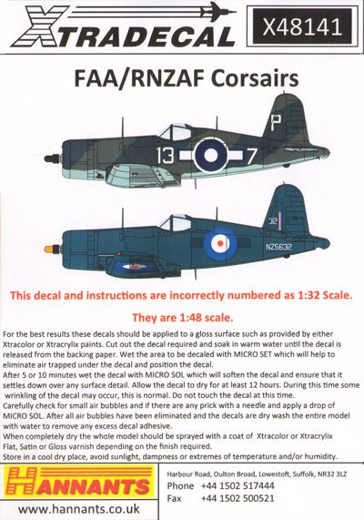 Xtradecal 48141 1:48 Vought F4U-1 Corsair II/Goodyear FG-1D