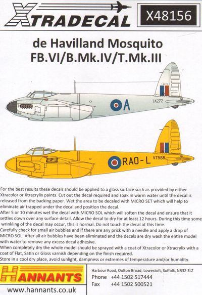 Xtradecal 48156 1:48 de Havilland Mosquito T.Mk.III/B.Mk.IV/FB.Mk.VI