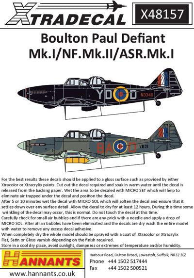 Xtradecal 48157 1:48 Boulton-Paul Defiant Mk.I/NF.II/ASR.Mk.I