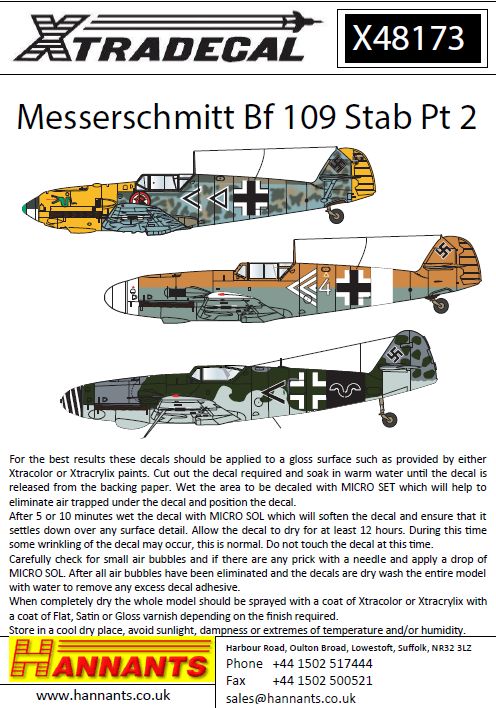 Xtradecal 48173 1:48 Messerschmitt Bf-109s with Stab Markings Part 2