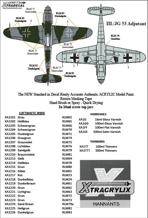 Xtradecal 48173 1:48 Messerschmitt Bf-109s with Stab Markings Part 2