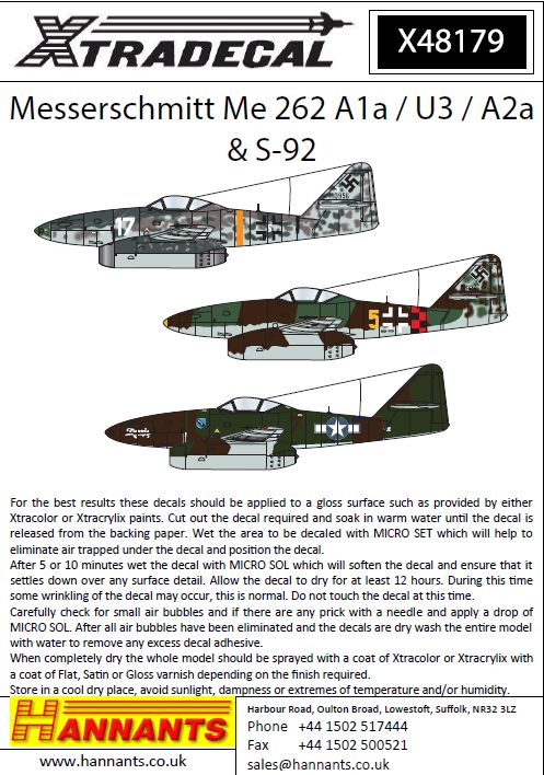 Xtradecal 48179 1:48 Messerschmitt Me-262A1a/U3/A2A/S-92