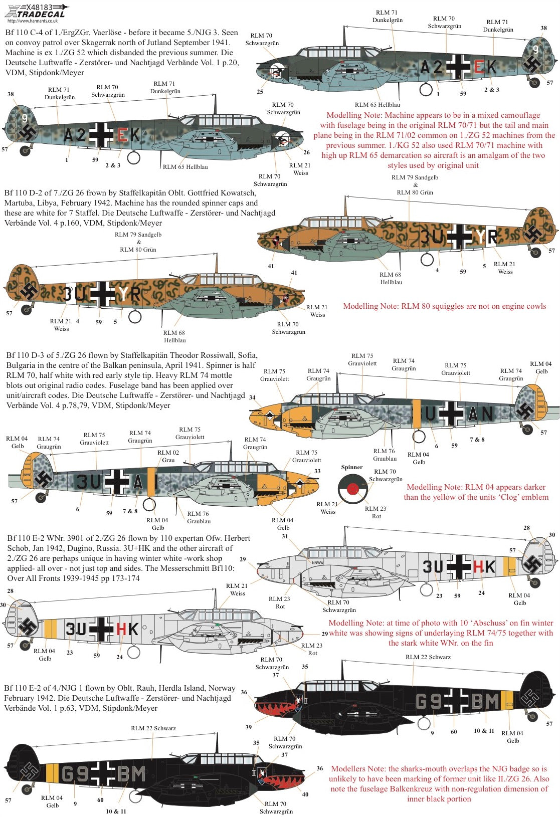 Xtradecal 48183 1:48 Messerschmitt Bf-110C/D/E/F/G