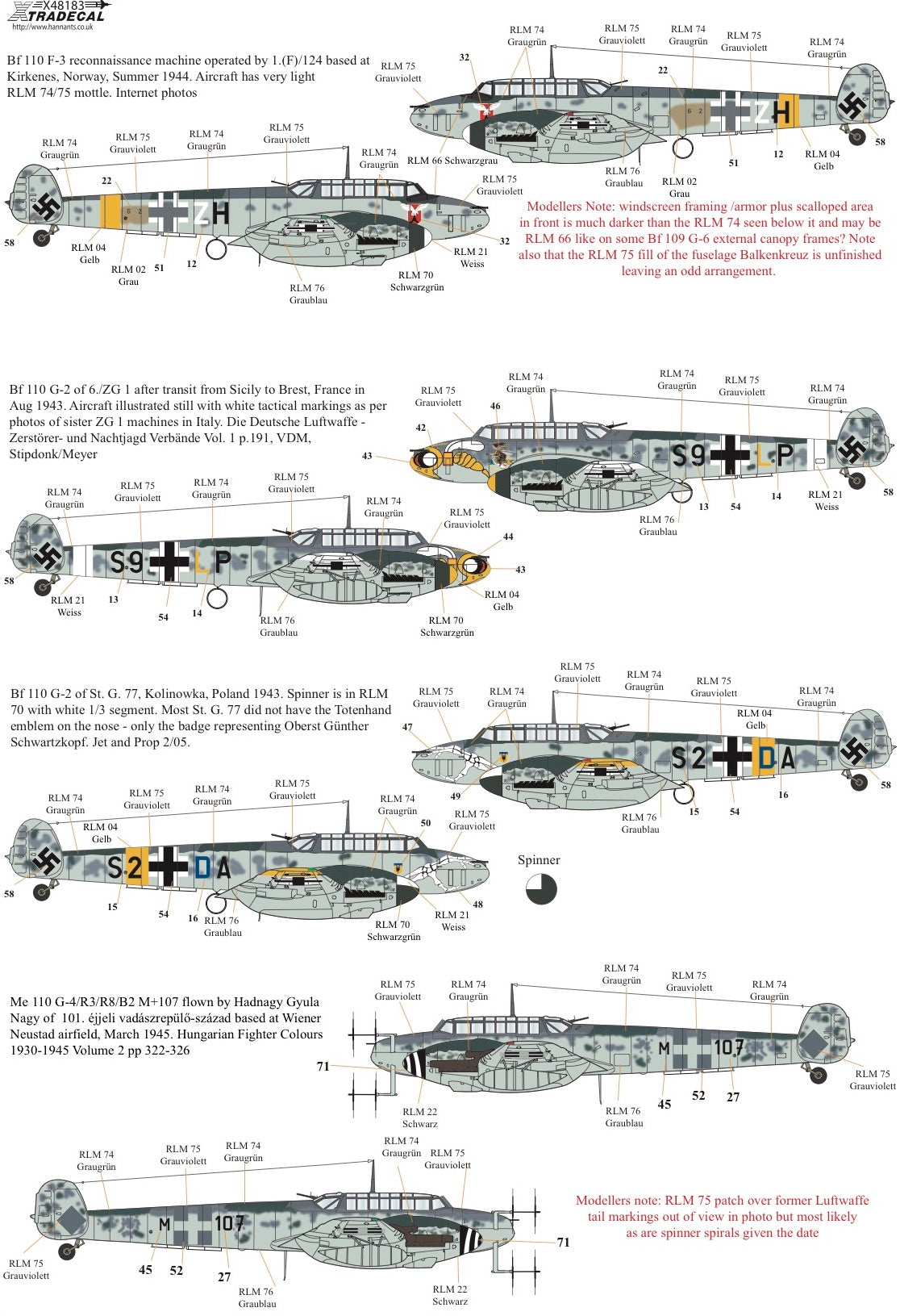 Xtradecal 48183 1:48 Messerschmitt Bf-110C/D/E/F/G