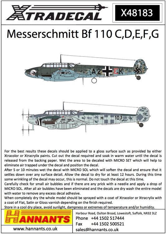 Xtradecal 48183 1:48 Messerschmitt Bf-110C/D/E/F/G