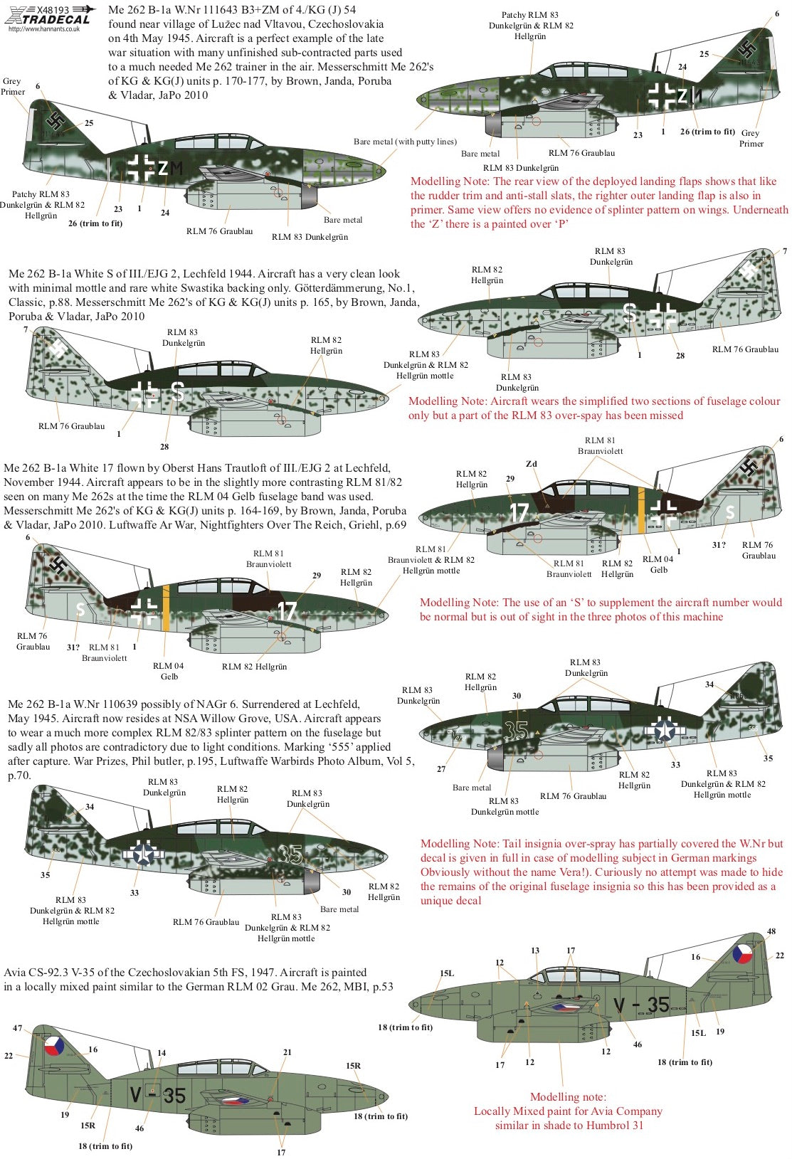 Xtradecal 48193 1:48 Messerschmitt Me-262B-1a