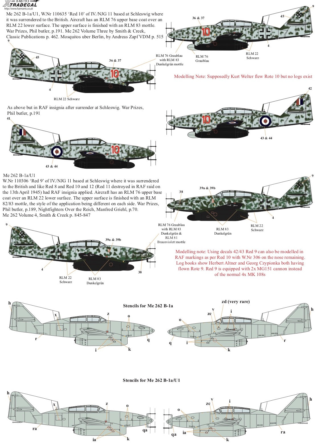 Xtradecal 48193 1:48 Messerschmitt Me-262B-1a