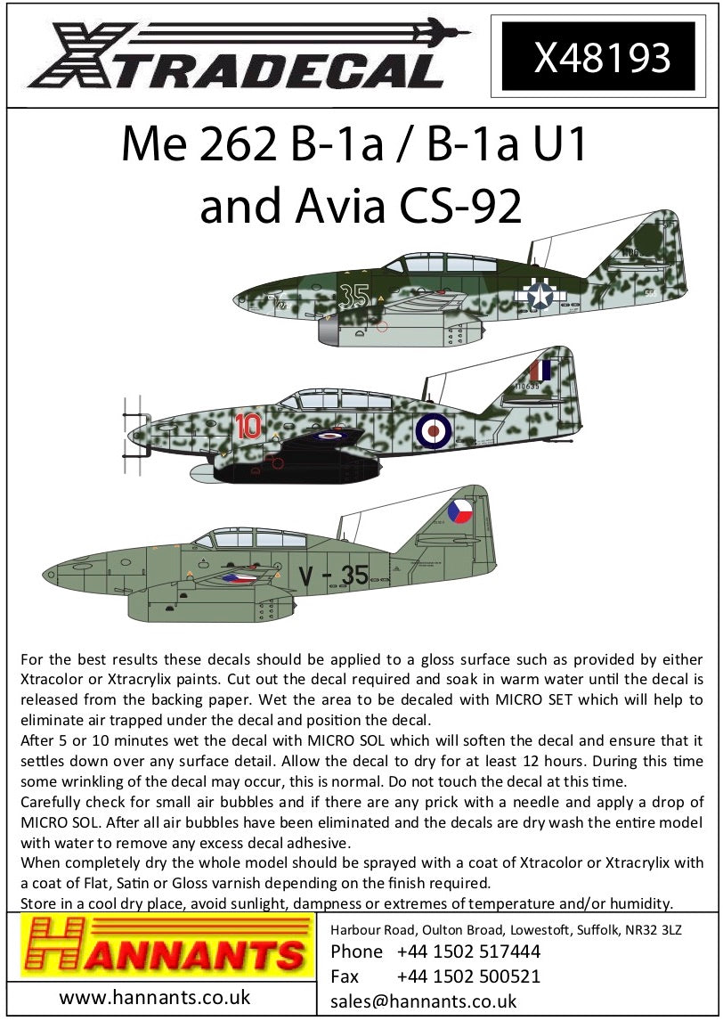 Xtradecal 48193 1:48 Messerschmitt Me-262B-1a