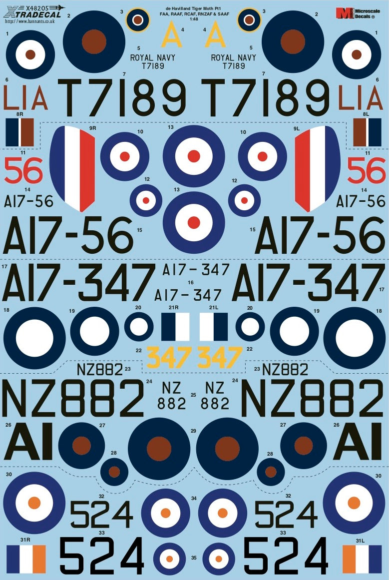 Xtradecal 48205 1:48 de Havilland DH.82a Tiger Moth FAA, RAAF, RCAF, RNZAF & SAAF Part 1