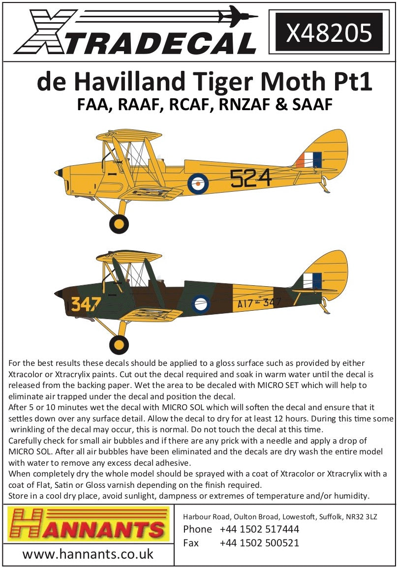 Xtradecal 48205 1:48 de Havilland DH.82a Tiger Moth FAA, RAAF, RCAF, RNZAF & SAAF Part 1