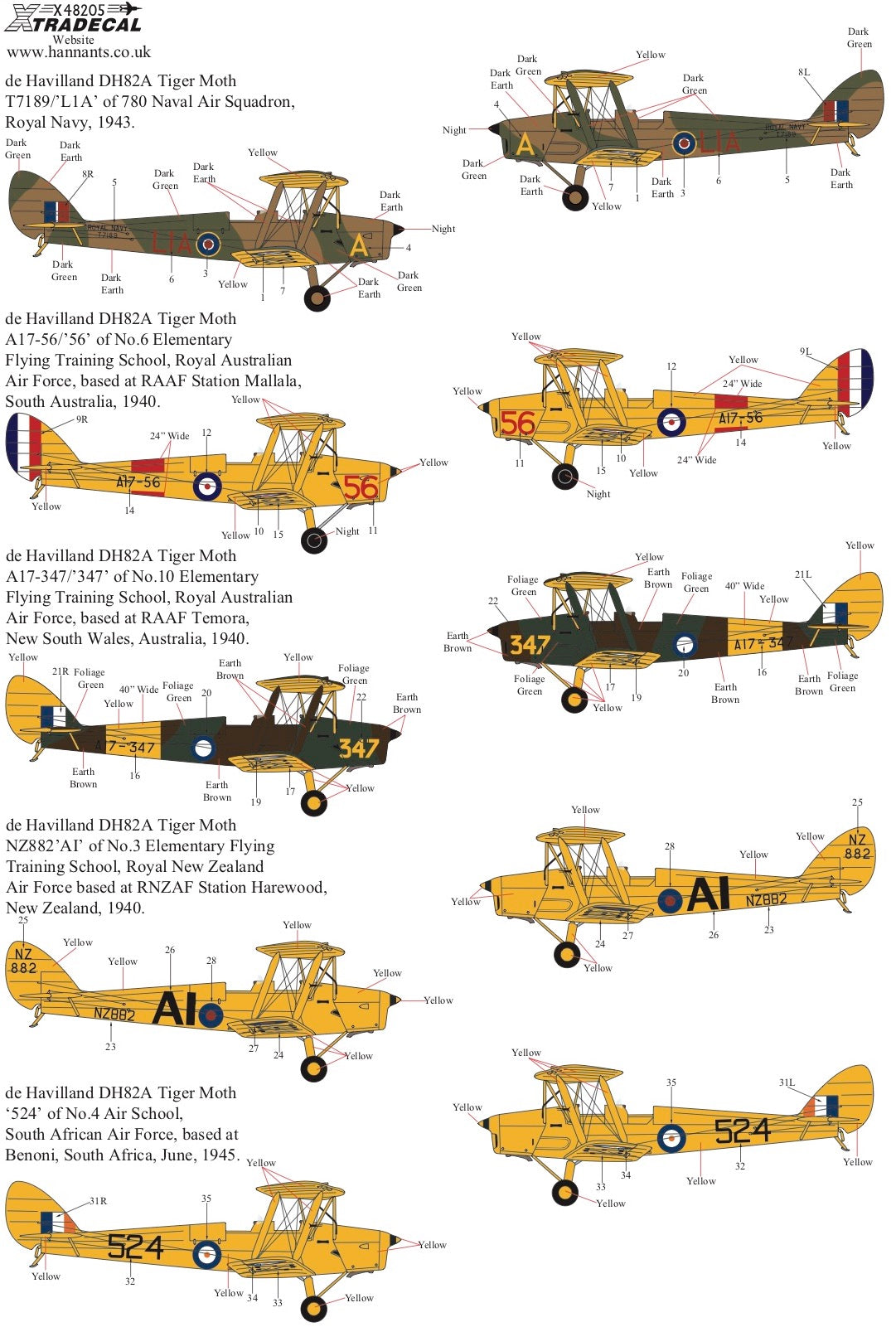 Xtradecal 48205 1:48 de Havilland DH.82a Tiger Moth FAA, RAAF, RCAF, RNZAF & SAAF Part 1