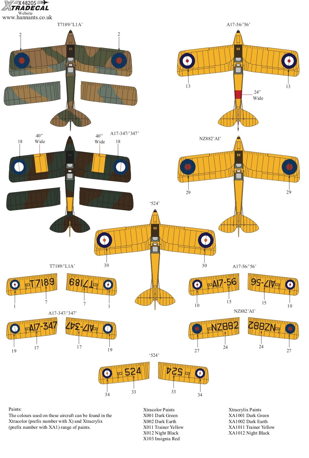 Xtradecal 48205 1:48 de Havilland DH.82a Tiger Moth FAA, RAAF, RCAF, RNZAF & SAAF Part 1