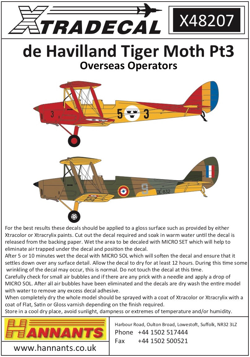 Xtradecal 48207 1:48 de Havilland Tiger Moth Overseas Operators Part 3