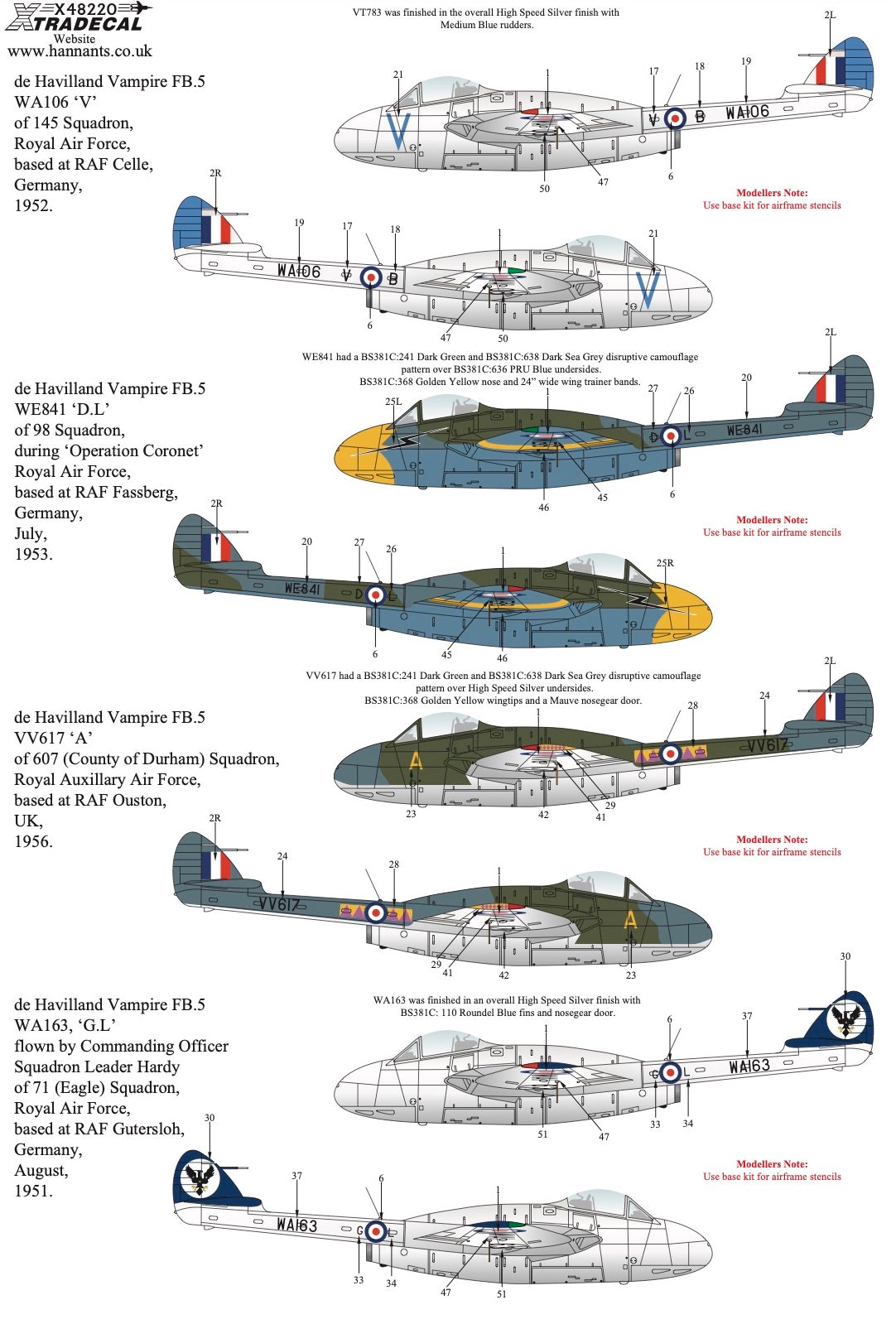 Xtradecal 48220 1:48 de Havilland Vampire F.3/FB.5 Collection Part 1