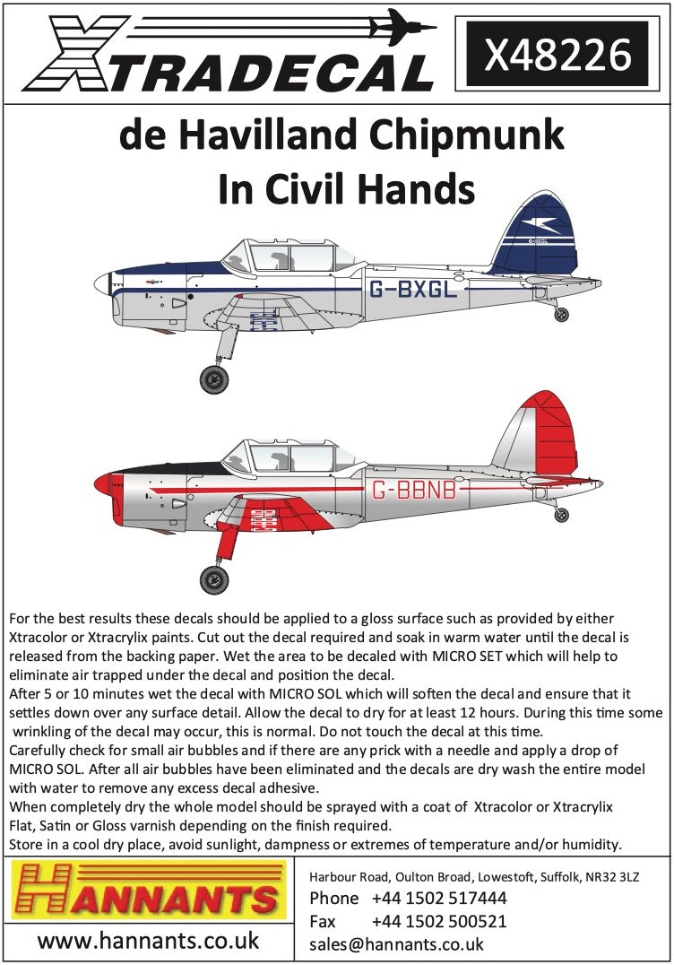 Xtradecal 48226 1:48 de Havilland Chipmunk in Civil Hands