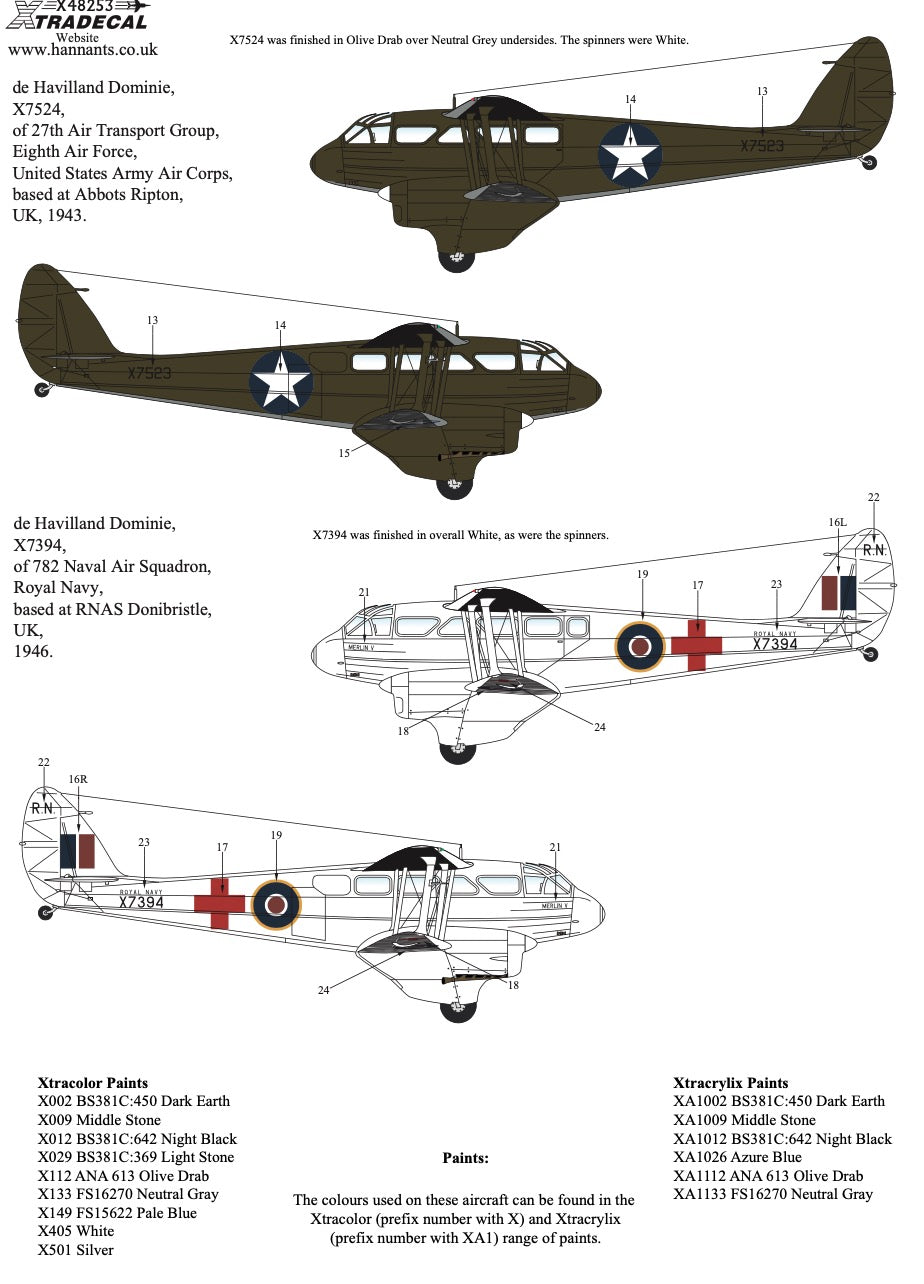Xtradecal X48253 1:48 de Havilland DH.89 Dragon Rapide / Dominie