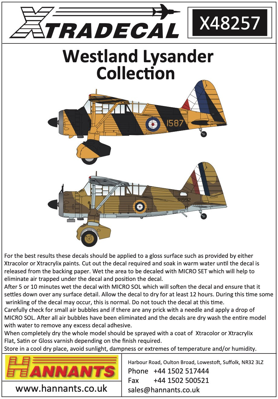 Xtradecal X48257 1:48 Westland Lysander