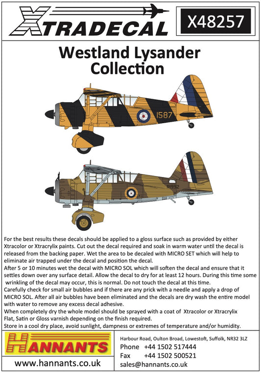 Xtradecal X48257 1:48 Westland Lysander