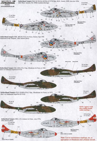 Xtradecal 72174 1:72 de Havilland Vampire T.55 Overseas Operators Part 2