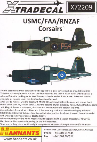 Xtradecal 72209 1:72 Vought F4U-1 Corsairs