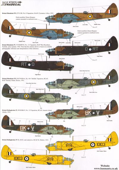 Xtradecal 72215 1:72 Bristol Blenheim & Bolingbroke Mk.IV/IVF RAF and Overseas Operators Part 3