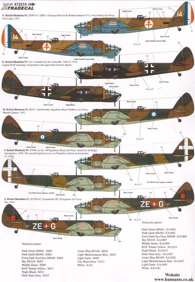 Xtradecal 72215 1:72 Bristol Blenheim & Bolingbroke Mk.IV/IVF RAF and Overseas Operators Part 3