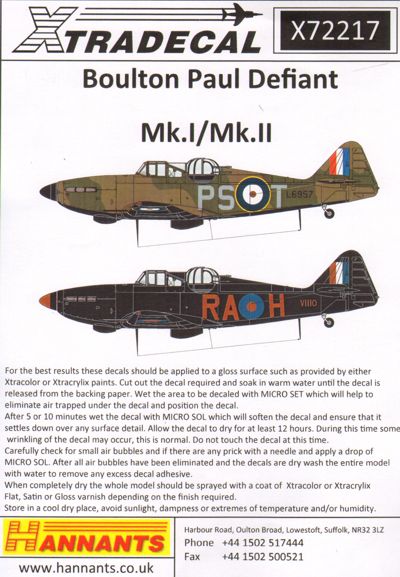 Xtradecal 72217 1:72 Boulton-Paul Defiant Mk.Is