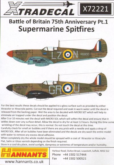 Xtradecal 72221 1:72 Supermarine Spitfires Battle of Britain 75th Anniversary Part 1