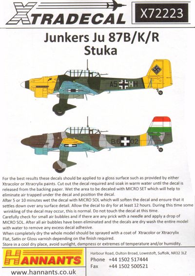 Xtradecal 72223 1:72 Junkers Ju-87B-1 'Stuka' /K/R