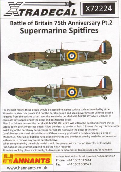 Xtradecal 72224 1:72 Supermarine Spitfires Battle of Britain 75th Anniversary Part 2