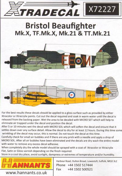 Xtradecal 72227 1:72 Bristol Beaufighter Mk.X/TF Mk.X/Mk.21/TT Mk.21