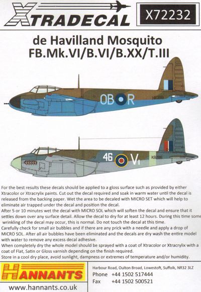 Xtradecal 72232 1:72 de Havilland Mosquito T Mk.III/B Mk.IV/FB Mk.VI/B Mk.XX