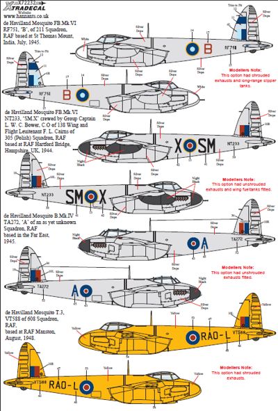 Xtradecal 72232 1:72 de Havilland Mosquito T Mk.III/B Mk.IV/FB Mk.VI/B Mk.XX