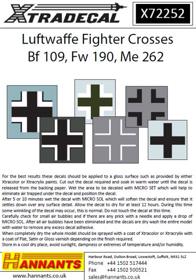 Xtradecal 72252 1:72 Luftwaffe Fighter Crosses for Bf-109, Fw-190 and Me-262