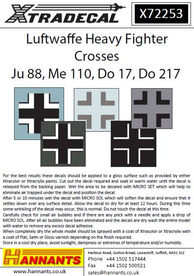 Xtradecal 72253 1:72 Luftwaffe Heavy Fighter Crosses for Ju-88, Me-110, Do-17 and Do-217