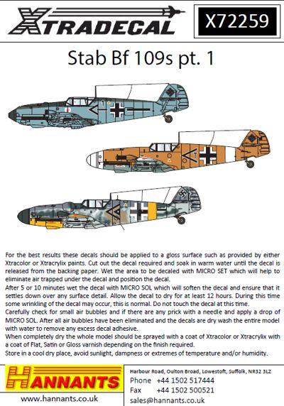 Xtradecal 72259 1:72 Messerschmitt Bf-109E/F/G Stab Markings Part 1