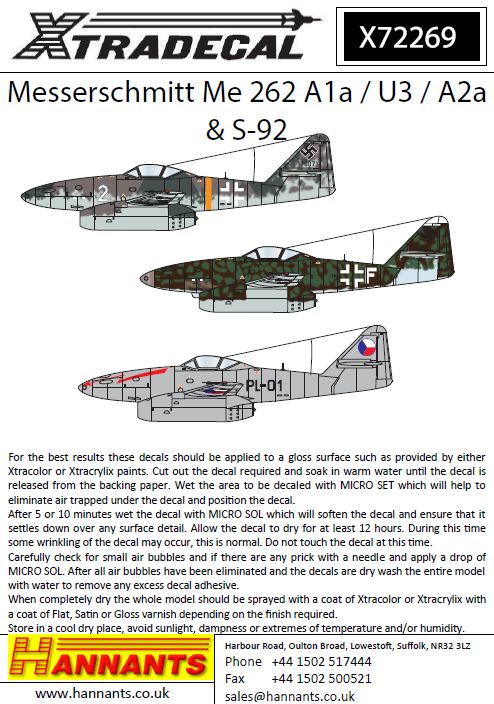 Xtradecal 72269 1:72 Messerschmitt Me-262A-1a/U3/A2A/S-92