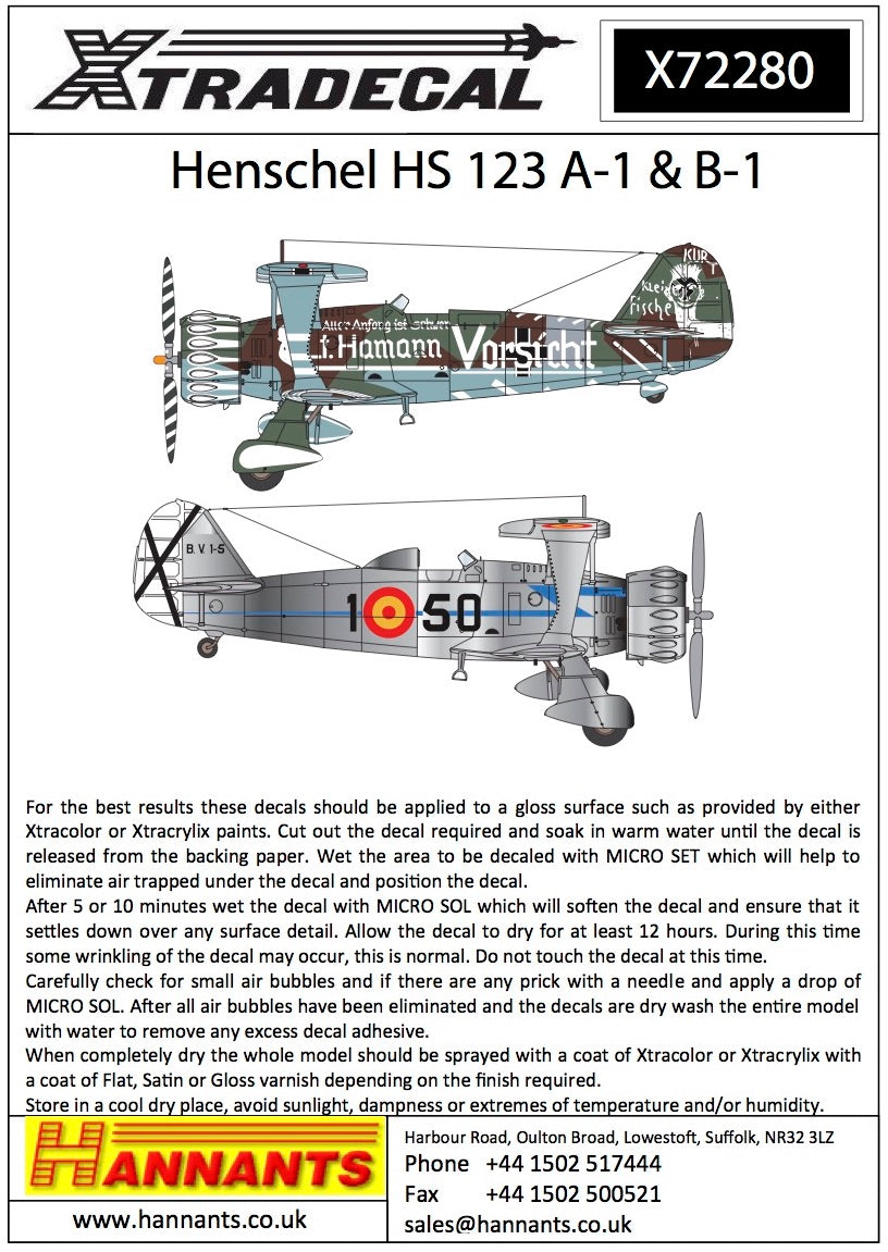 Xtradecal 72280 1:72 Henschel Hs-123A-1/B-1