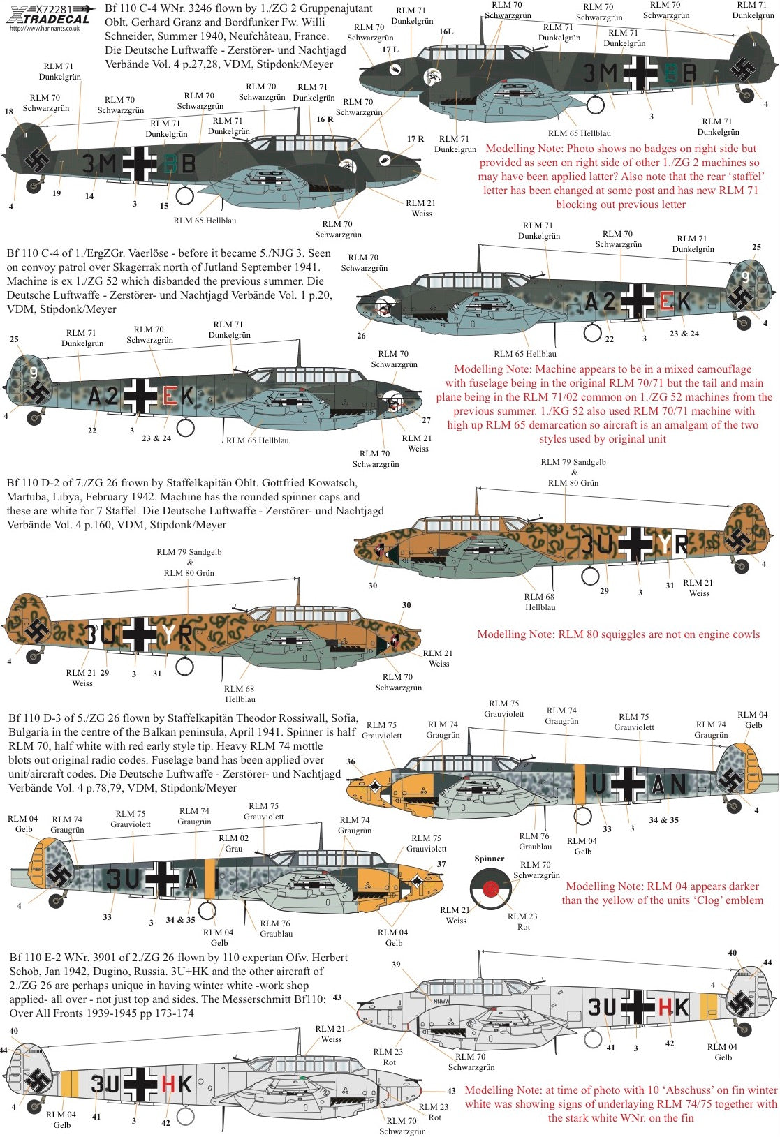 Xtradecal 72281 1:72 Messerschmitt Bf-110C/D/E/F/G