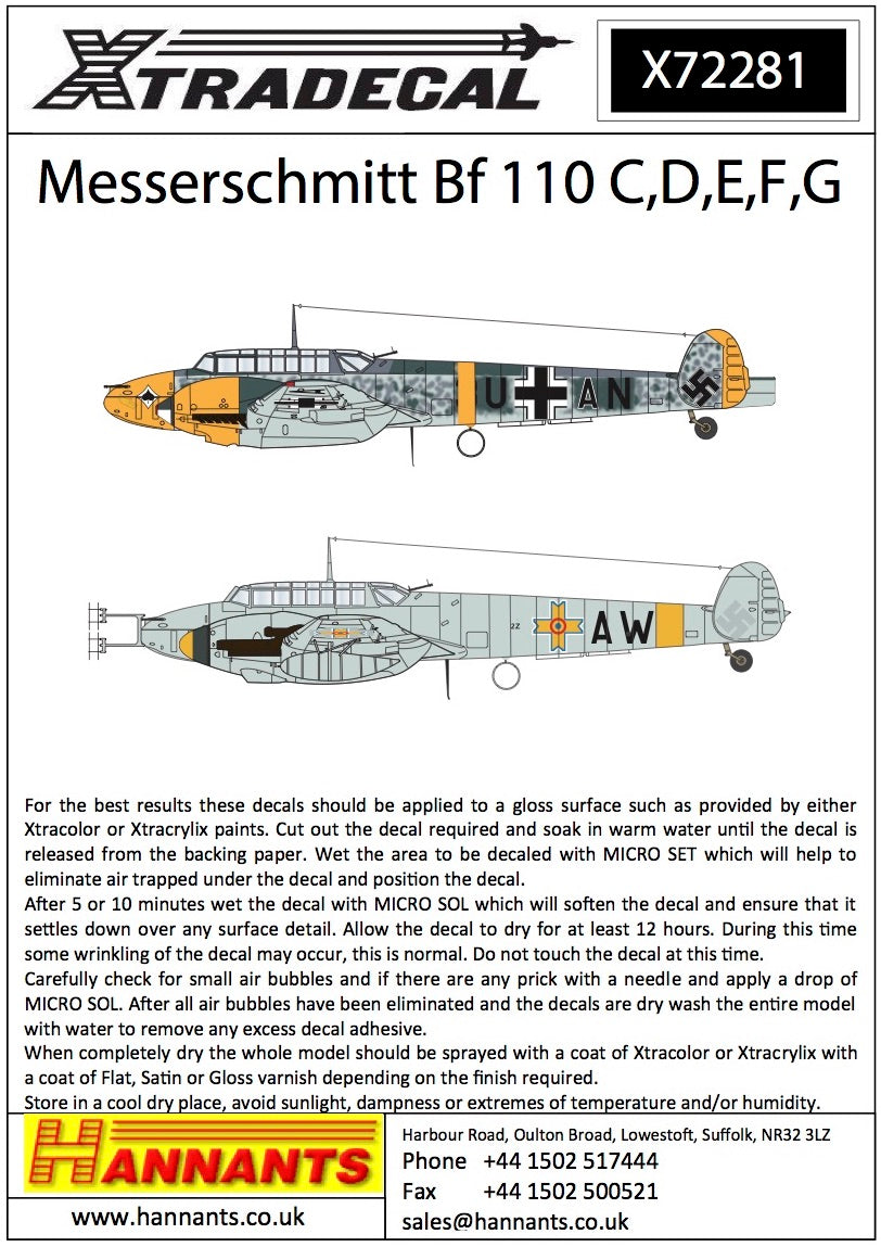 Xtradecal 72281 1:72 Messerschmitt Bf-110C/D/E/F/G