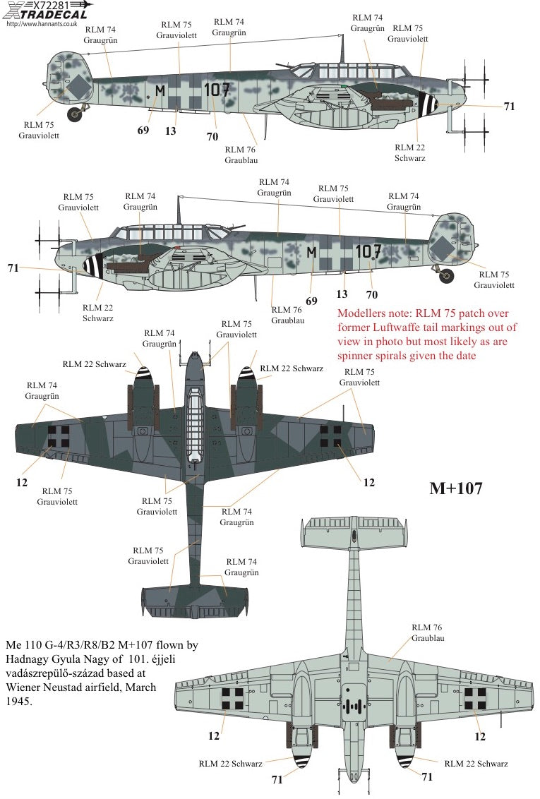 Xtradecal 72281 1:72 Messerschmitt Bf-110C/D/E/F/G