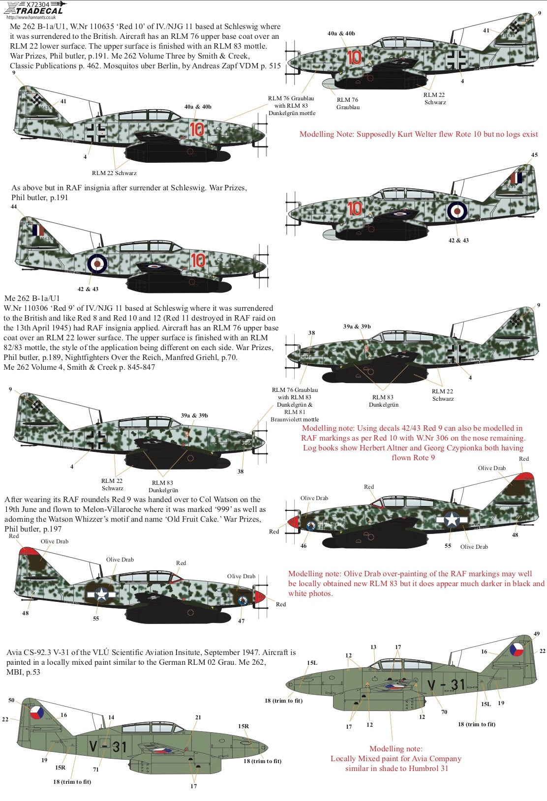 Xtradecal 72304 1:72 Messerschmitt Me-262B-1a