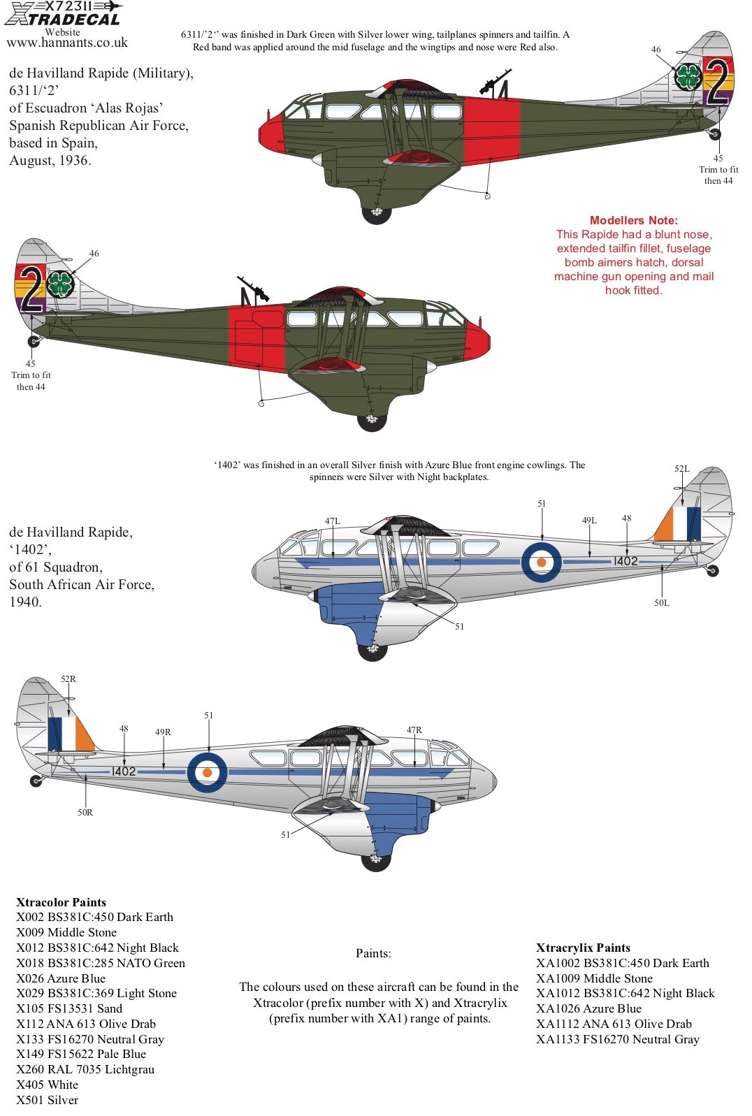 Xtradecal 72311 1:72 de Havilland Dominie/Rapide in Military Service