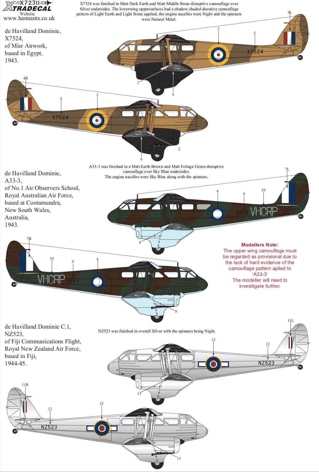 Xtradecal 72311 1:72 de Havilland Dominie/Rapide in Military Service