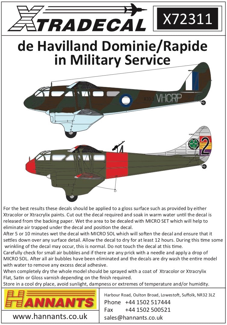 Xtradecal 72311 1:72 de Havilland Dominie/Rapide in Military Service