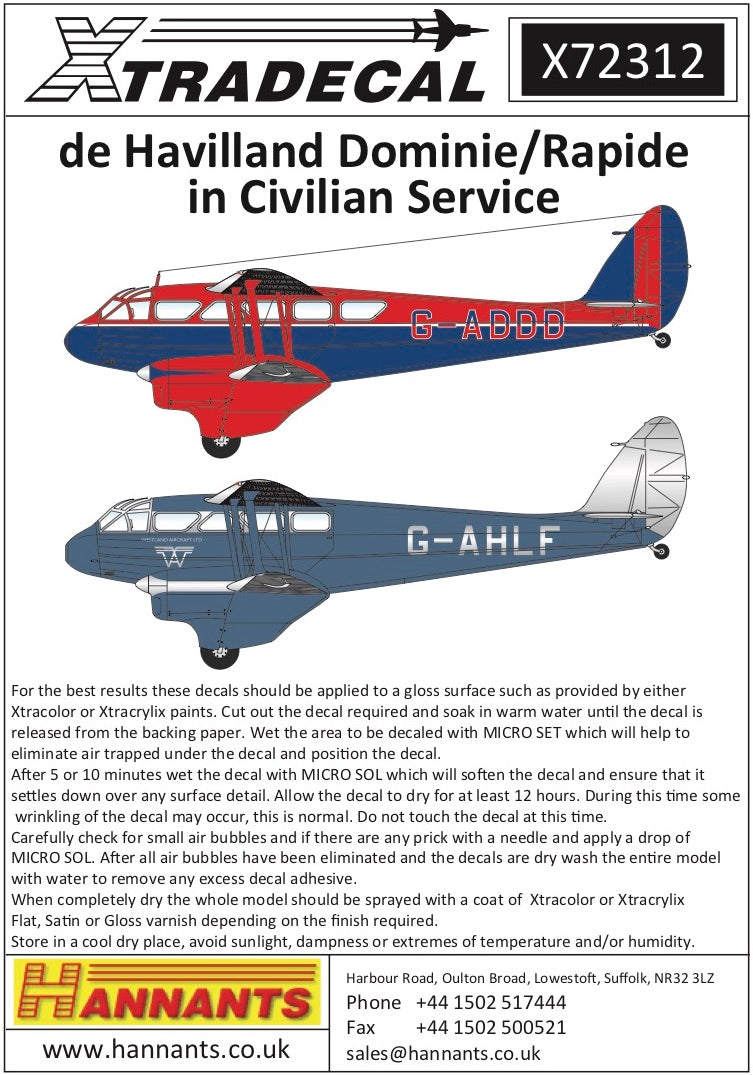 Xtradecal 72312 1:72 de Havilland Rapide in Civilian Service