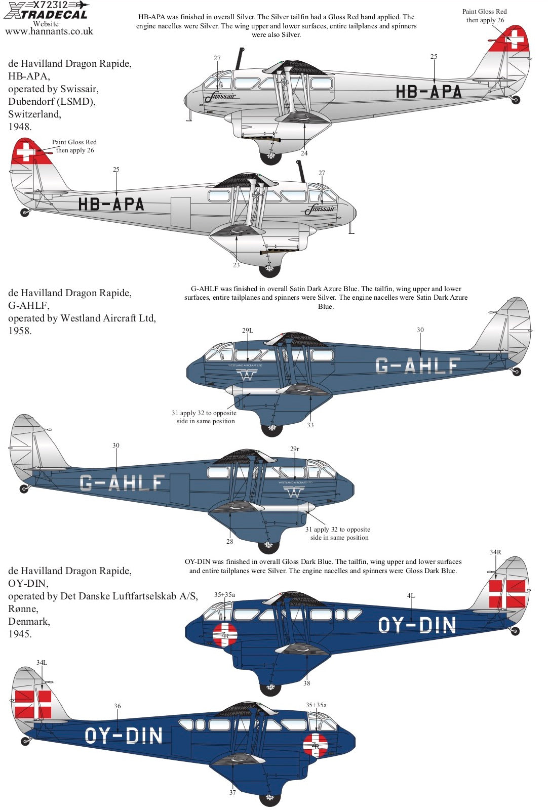 Xtradecal 72312 1:72 de Havilland Rapide in Civilian Service