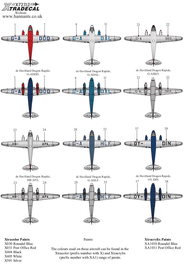 Xtradecal 72312 1:72 de Havilland Rapide in Civilian Service