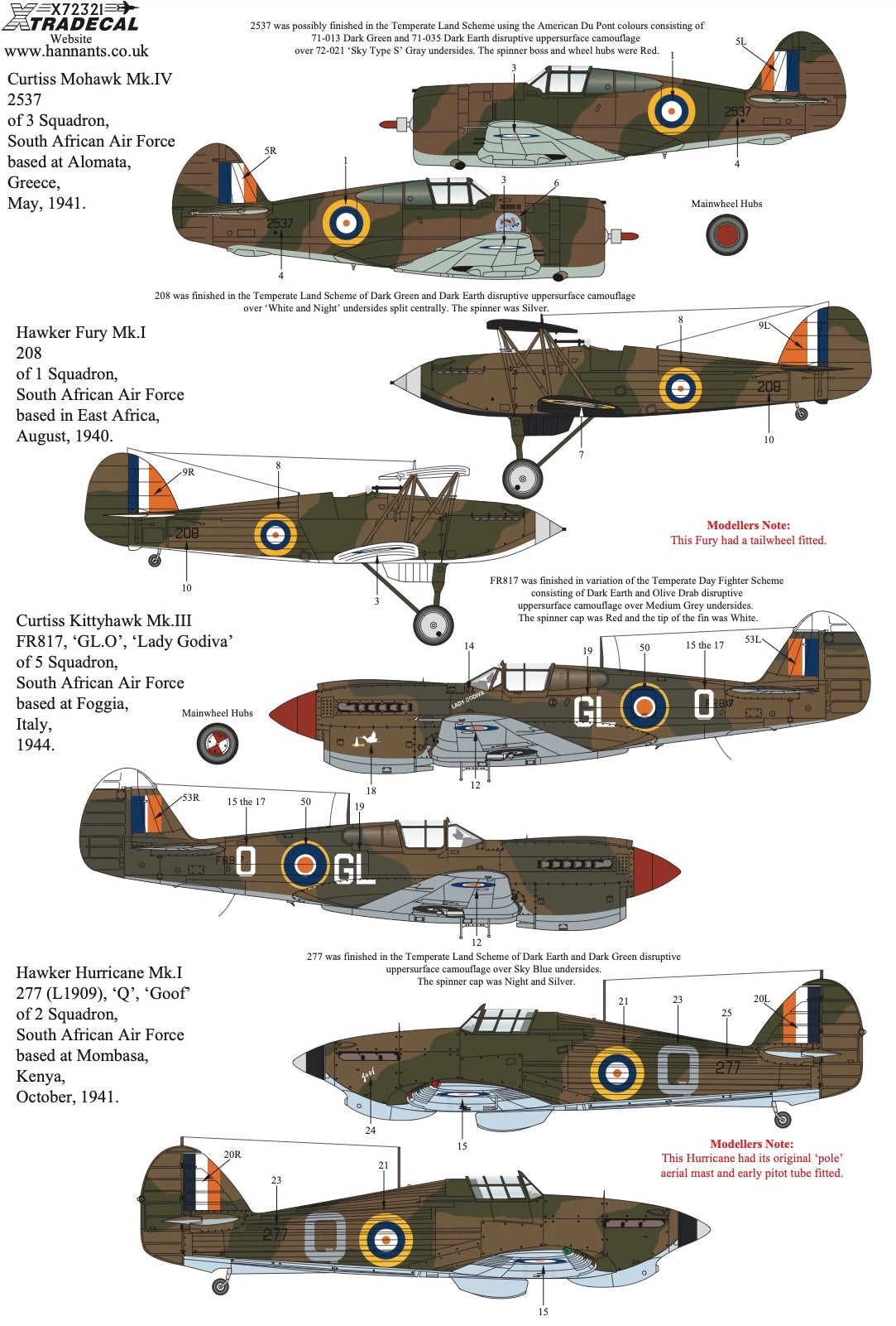 Xtradecal 72321 1:72 South African Air Force SAAF Fighters WW2 Collection Part 2