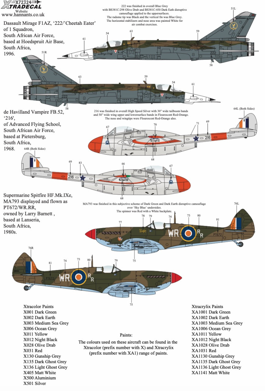 Xtradecal 72324 1:72 SAAF Fighters/Attack Aircraft Post War to Modern Day Collection Part 2